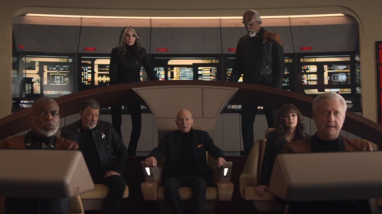 The Next Generation crew sits on the bridge