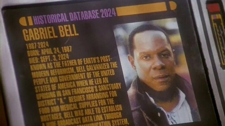 Sisko's face on a screen reading "Historical Database 2024: Gabriel Bell"