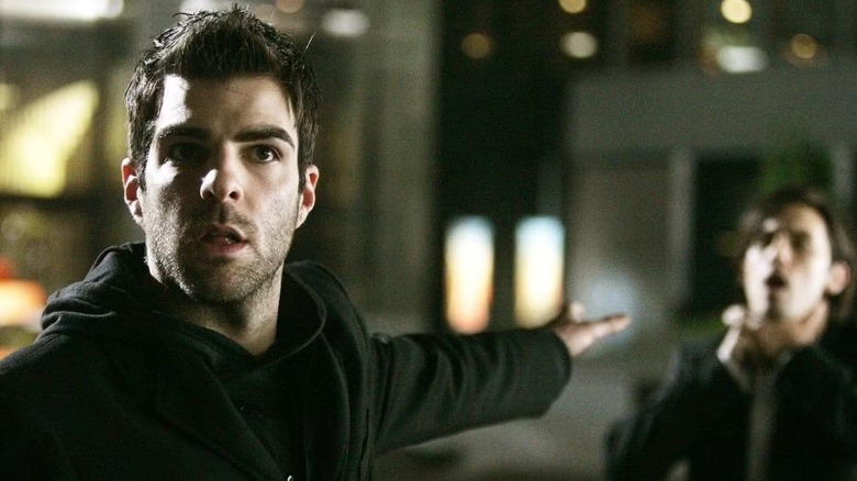 Sylar (Zachary Quinto) telekinetically chokes Peter (Milo Ventimiglia) on Heroes