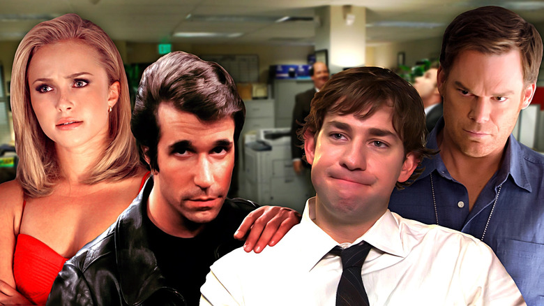 A collage of Claire Bennett (Hayden Panettiere) from Heroes, Fonzie (Henry Winkler) from Happy Days, Jim Halpert (John Krasinski) from The Office, and Dexter Morgan (Michael C. Hall) from Dexter in front of the background from The Office