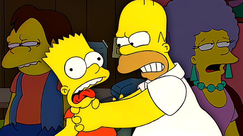 Homer strangling Bart next to Nelson and Patty