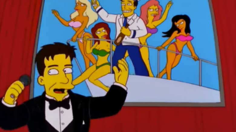 Man showing off a yacht with beautiful women on The Simpsons