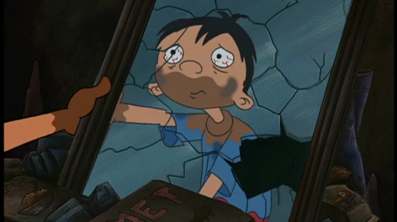 Chocolate Boy with bloodshot eyes looking at himself in a broken mirror in Hey Arnold