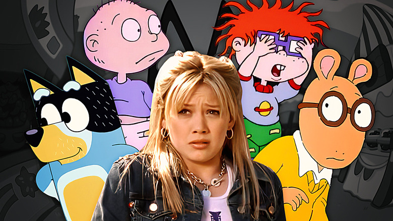 Tommy and Chuckie from Rugrats, Bandit from Bluey, Lizzie McGuire, and Arthur