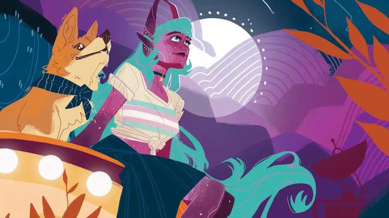 Pink girl with blue hair next to orange dog in Galaxy graphic novel