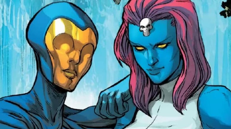 Destiny (blue figure with gold face) and Mystique (blue figure with red hair) in a Marvel comic