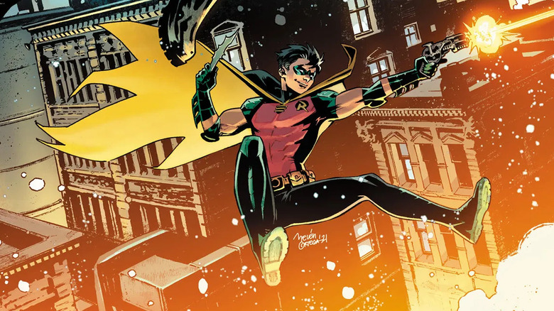 Tim Drake (aka Robin) fighting in midair in a Batman comic