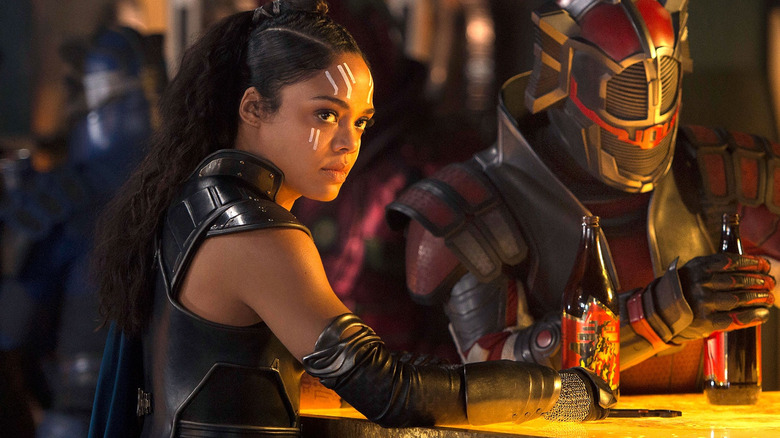 Tessa Thompson as Valkyrie in a bar in Thor: Ragnarok