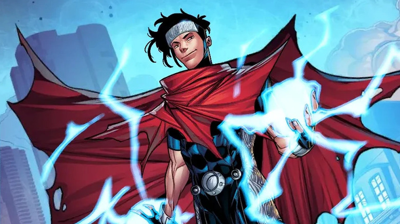 Superhero Wiccan wearing red cape with lightning bolts coming from his hand in comic