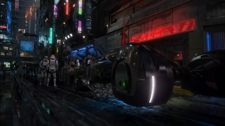 Stormtroopers standing by speeder on Coruscant