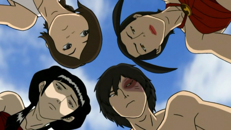 Zuko, Mei, Tai Lee, and Azula put their heads together in a huddle