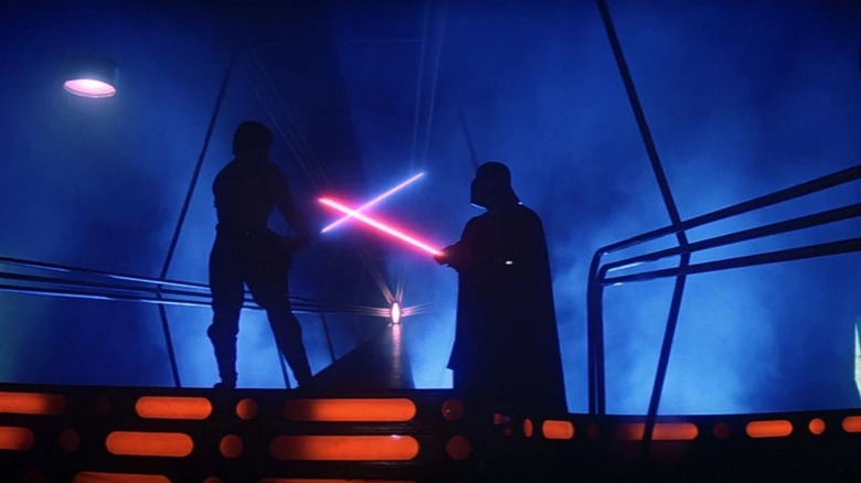 Luke Skywalker and Darth Vader dueling with their lightsabers in The Empire Strikes Back (1980)