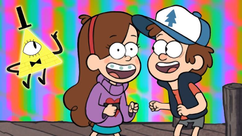 Mabel, Dipper, and Bill Cipher on "Gravity Falls"