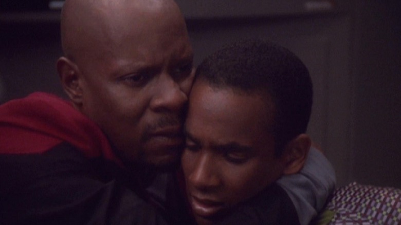 Benjamin Sisko embracing Jake Sisko