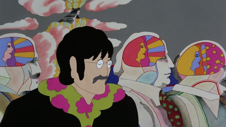 Yellow Submarine John Lennon in thought next to pop art figures