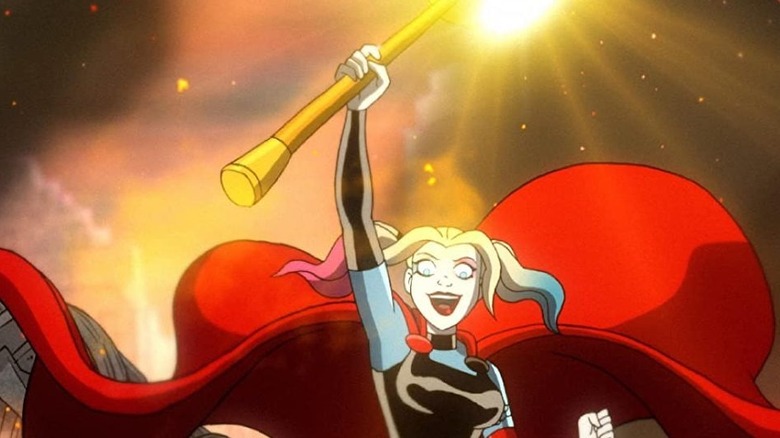 Harley shouting with scepter