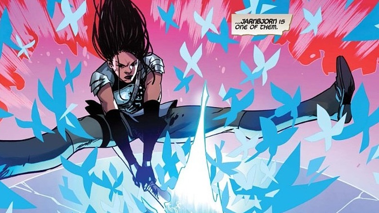 Marvel's Mighty Valkyries #2's Runa wielding Jarnbjorn