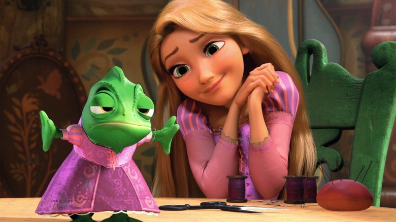 Rapunzel and a lizard dressed as Rapunzel in "Tangled"