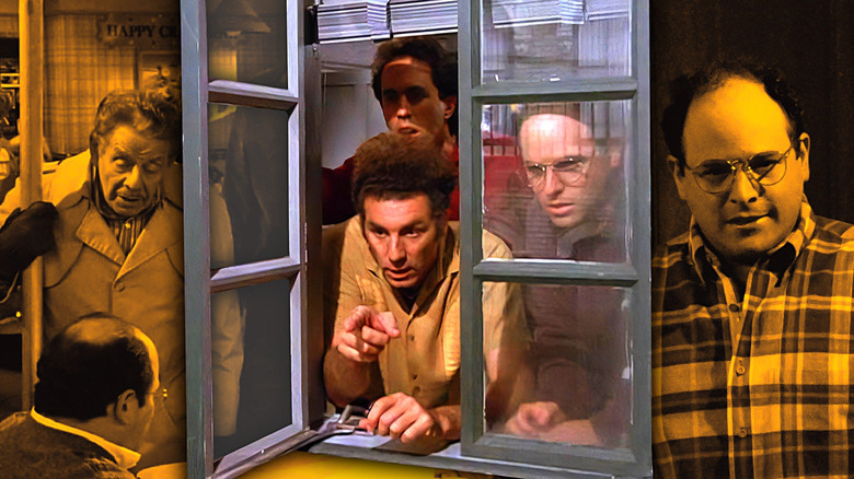 Frank Costanza with the Festivus pole; Jerry, Kramer, and George stare out the window; George looking ashamed