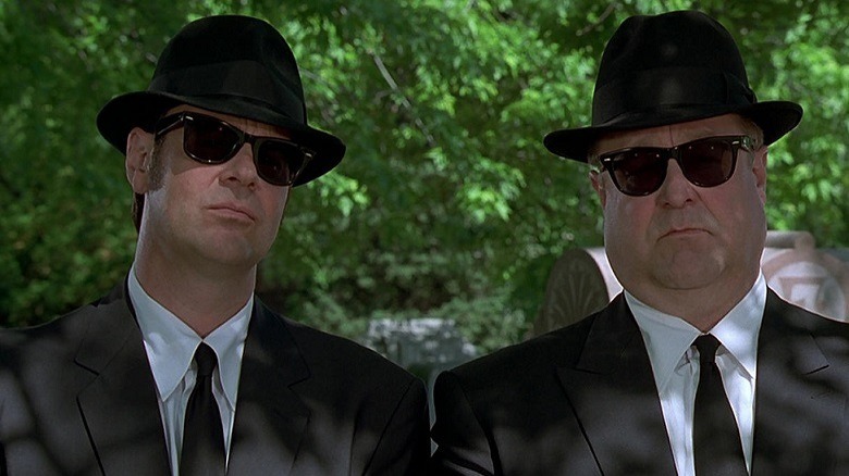 The Blues Brothers, staring moodily