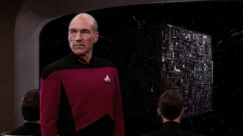 Patrick Stewart as Captain Picard and Borg Cube