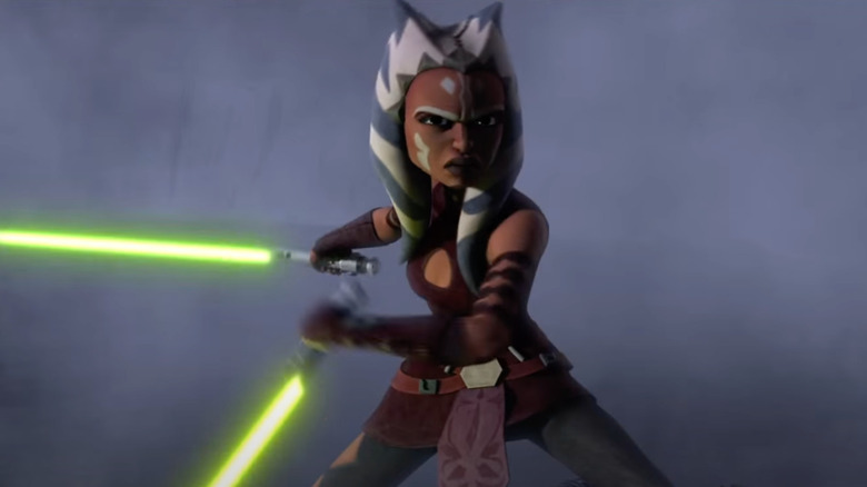 Ahsoka standing in mist with sabers