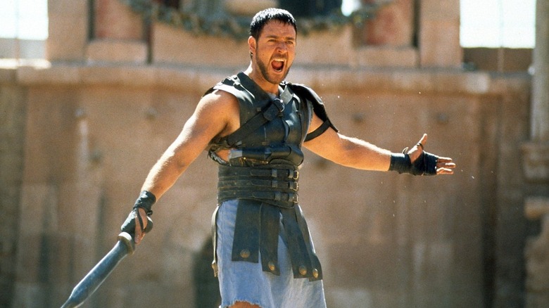 Maximus (Russell Crowe) yells at crowd in Gladiator