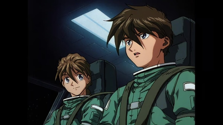 Duo smiles at Heero as they pilot a Gundam in Gundam Wing: Endless Waltz