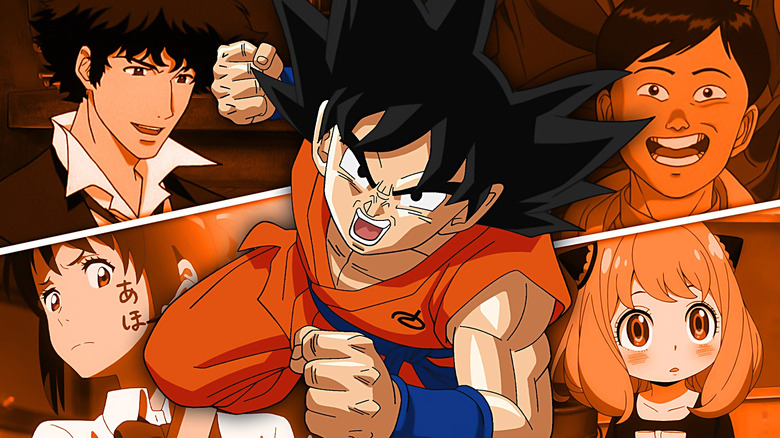 Goku from Dragon Ball Super at the center of a collage including Spike Spiegel from Cowboy Bebop, Kaneda from Akira, Anya from Spy x Family, and Mitsuha from Your Name