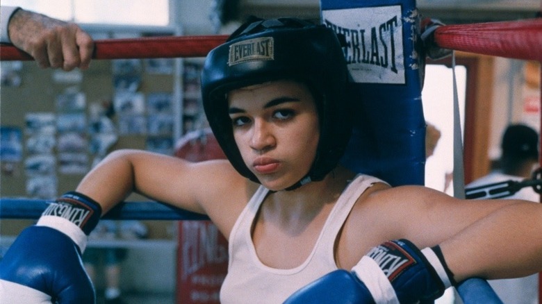 Michelle Rodriguez as Diana Guzman relaxes on the ropes in Girlfight