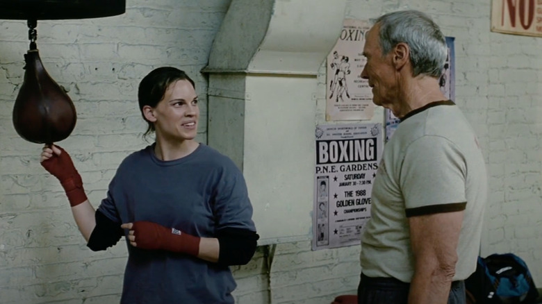 Hilary Swank as Maggie talks with Clint Eastwood as Frankie in Million Dollar Baby