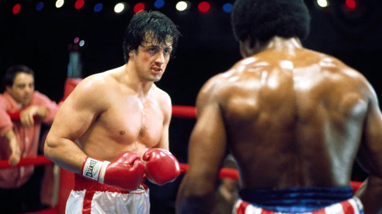 Sylvester Stallone as Rocky faces off against Carl Weathers as Apollo Creed in Rocky