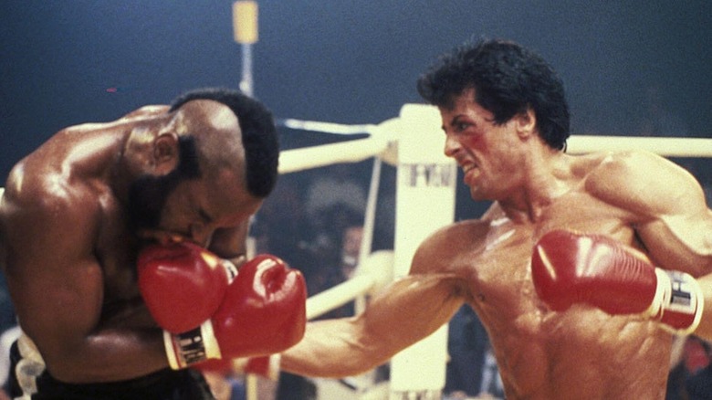 Mr. T as Clubber Lane takes a punch from Sylvester Stallone's Rocky in Rocky III