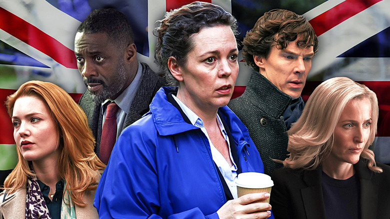 Images of Holliday Grainger from Strike, Idris Elba from Luther, Olivia Coleman from Broadchurch, Benedict Cumberbatch from Sherlock, and Gillian Anderson from The Fall edited together against the backdrop of a British flag