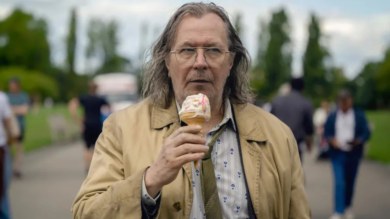 Gary Oldman as Jackson Lamb, licking an ice cream cone in Slow Horses