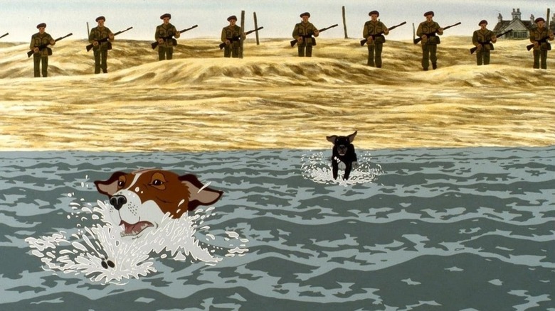 two dogs swimming to safety with soldiers in pursuit in The Plague Dogs