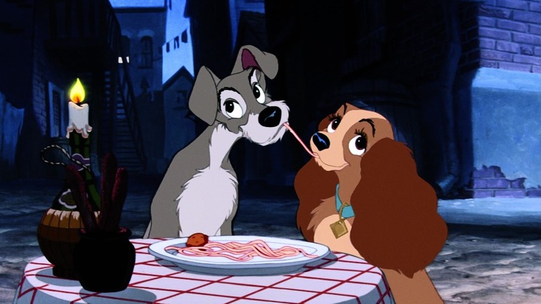 two dogs sharing spaghetti in Lady and the Tramp