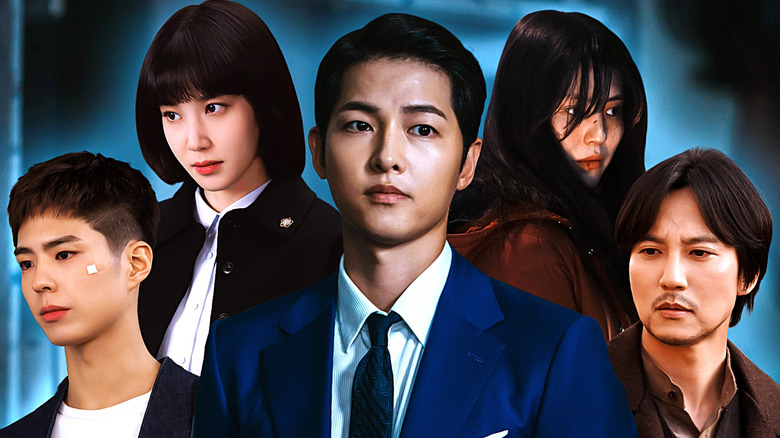 A collage of Vincenzo Cassano (Song Joong-ki) from Vincenzo, Woo Young-woo (Park Eun-bin) from Extraordinary Attorney Woo, Lee Yoon (Kim Nam-gil) from Song of the Bandits, Yoon Ji-woo (Han So-hee) from My Name, Sa Hye-jun (Park Bo Gum) from Record of Youth