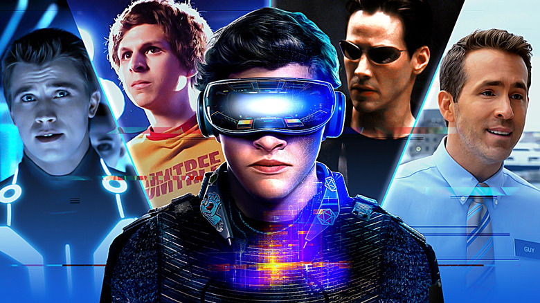 Tye Sheridan as Wade Watts wearing OASIS goggles and suit in Ready Player One in front of Garrett Hedlund as Sam Flynn looking ahead in TRON: Legacy, Michael Cera as Scott Pilgrim looking ahead in Scott Pilgrim vs. the World, Keanu Reeves as Neo wearing sunglasses in The Matrix, and Ryan Reynolds as Guy wearing a blue dress shirt in Free Guy