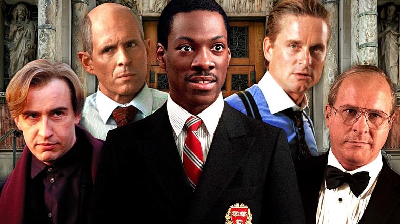 Steve Coogan, Glen Howerton, Eddie Murphy, Michael Douglas, and Christian Bale as their respective characters from the films 