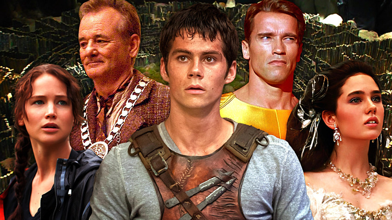 Jennifer Lawrence as Katniss in The Hunger Games, Bill Murray as Mayor Cole in City of Ember, Dylan O'Brien in Maze Runner, Arnold Schwarzenegger as Ben Richards in Running Man, and Jennifer Connelly as Sarah in Labyrinth