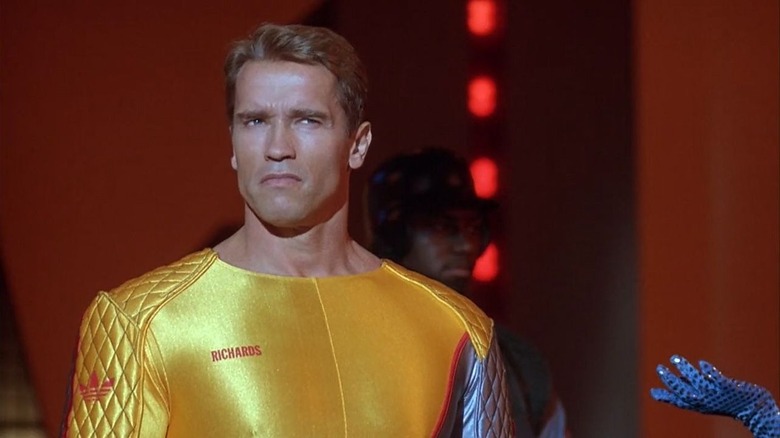 Ben Richards (Arnold Schwarzenegger) dressed in yellow in The Running Man