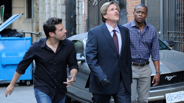 James Roday Rodriguez, Cary Elwes, and Dulé Hill as Shawn, Pierre Despereaux, and Gus on Psych