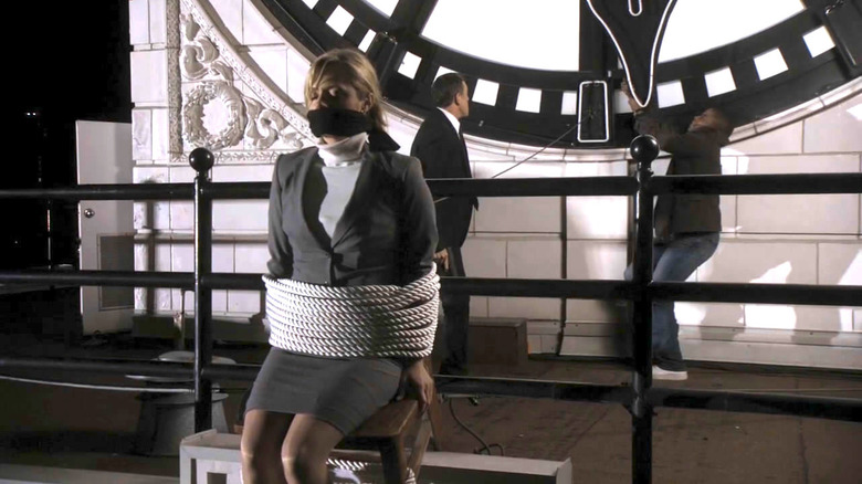 Maggie Lawson as Juliet, tied to a chair on a clock town on Psych