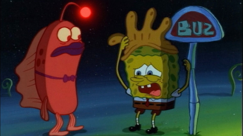 SpongeBob SquarePants yelling at a bus stop in Rock Bottom