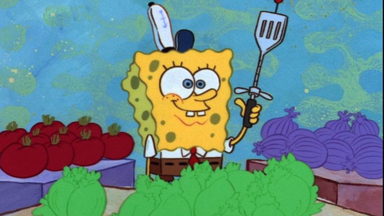 SpongeBob SquarePants making Krabby Patties with new spatula