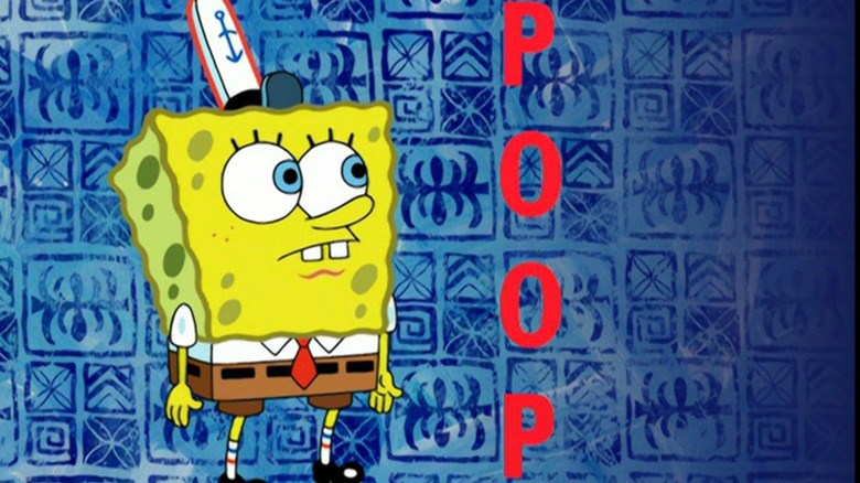 Spongebob SquarePants looking at the word 'POOP'