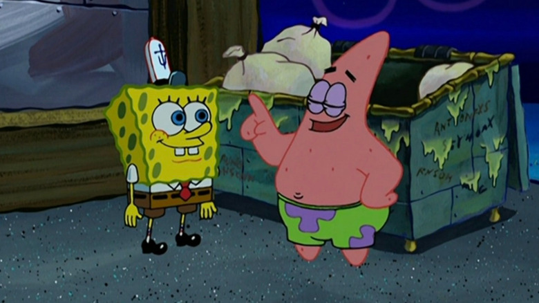 SpongeBob SquarePants and Patrick talking by a dumpster