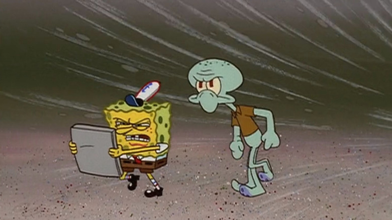 SpongeBob and Squidward making it through the wind