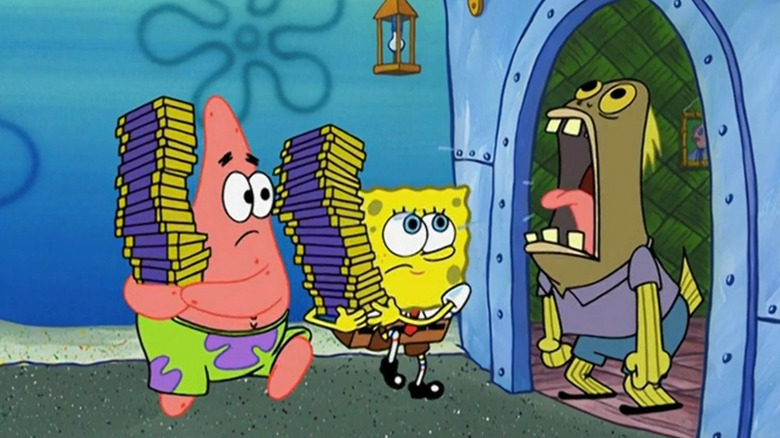 SpongeBob SquarePants and Patrick backing away with chocolate bars